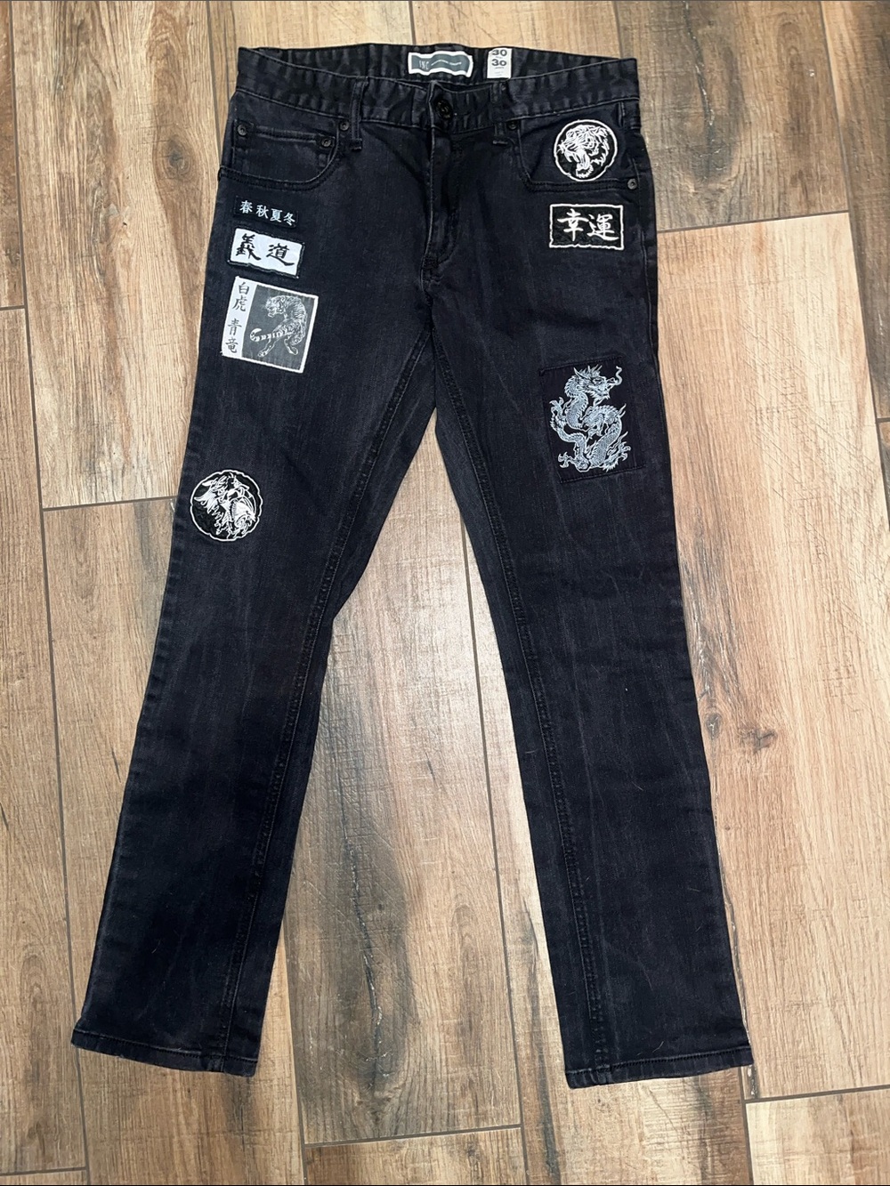 INC International Concepts Black Slim Straight Jeans with Dragon & Patch Details